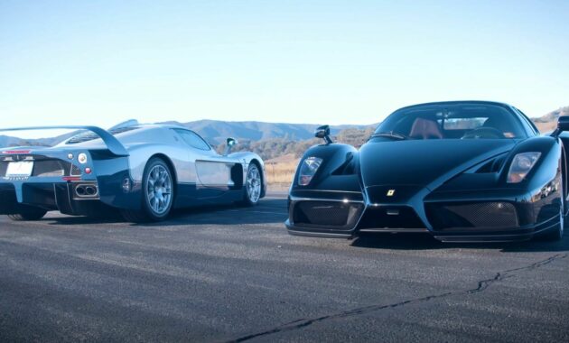 Clear your mind of so many electric cars, and enjoy the battle between a Ferrari Enzo and a Maserati MC12